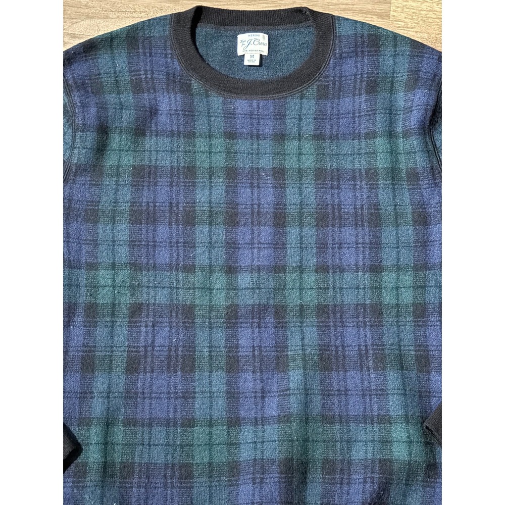 J. Crew Mens Sz M Merino Wool Black Watch Plaid Sweater Elbow Patches Blue Green View 2